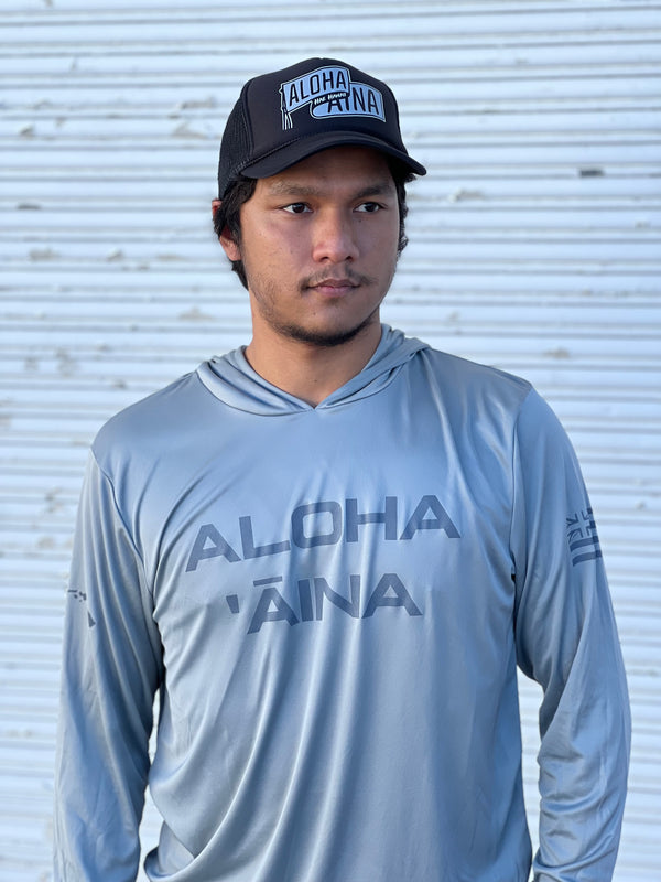 Aloha Aina Gray on Gray Hooded Long Sleeve Drifit